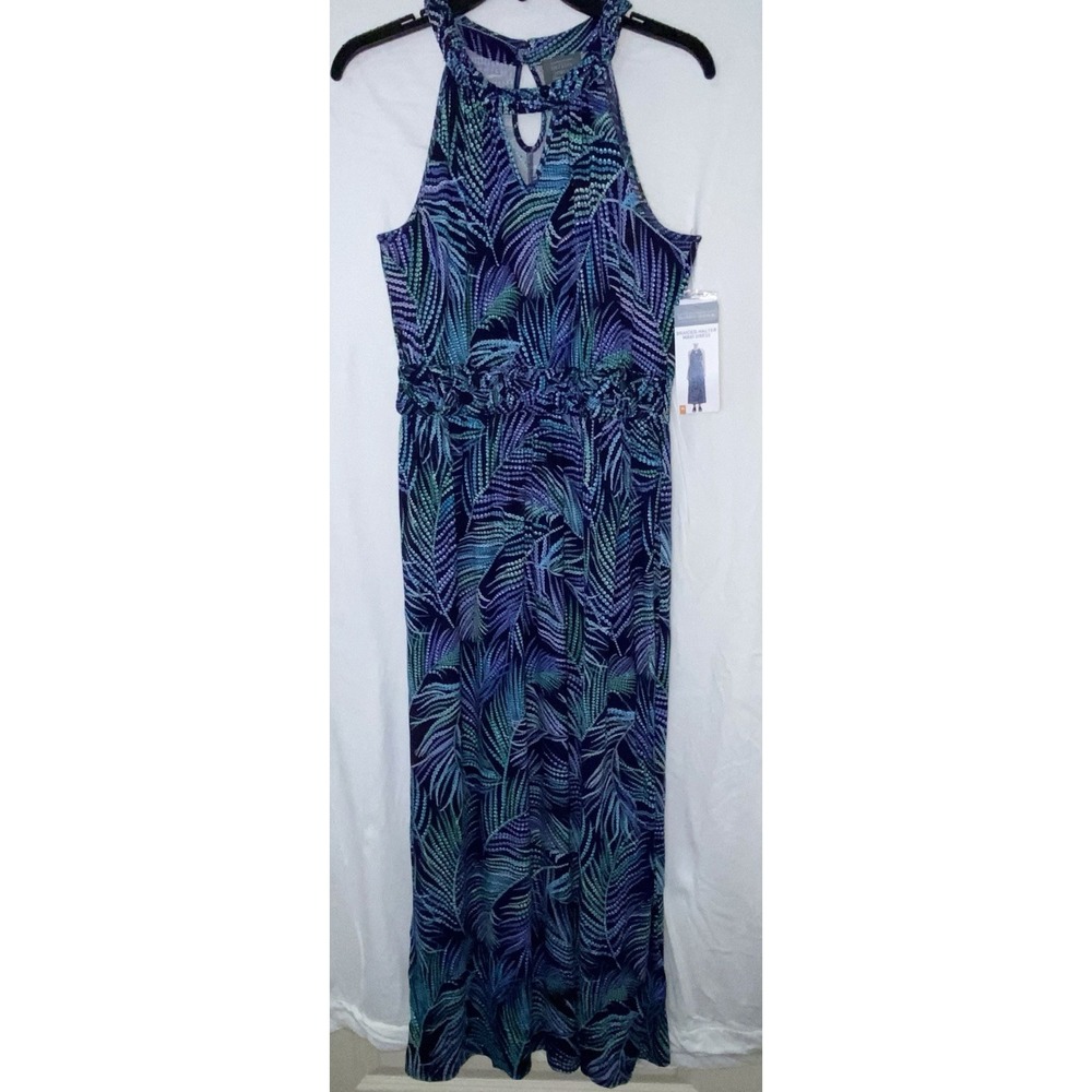 Berkley Jensen Womens Blue Palm Print Braided Halter Maxi Dress Size M NEW
